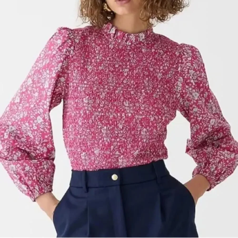 J. Crew Pink Floral Smocked Blouse